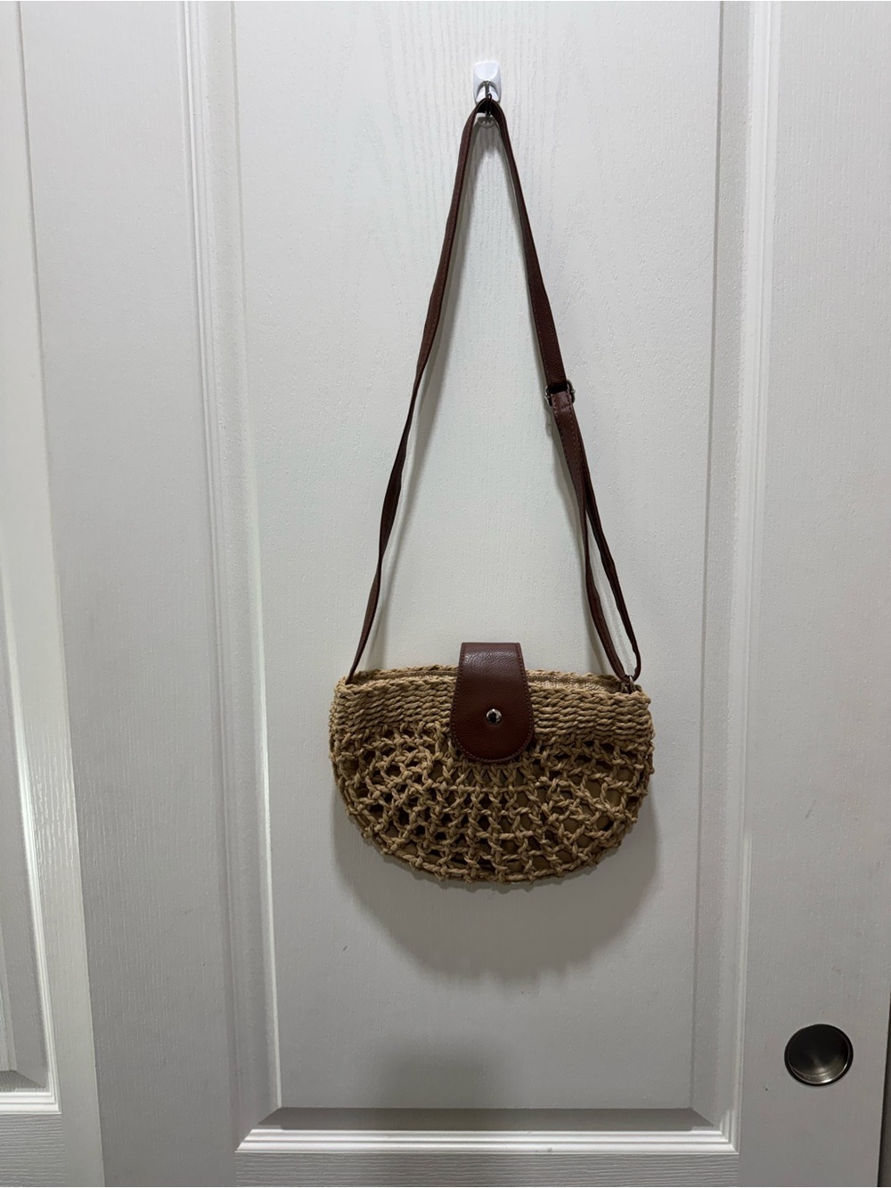 Boho Woven Straw Crossbody Bag Tan Brown Beach Vacation Purse